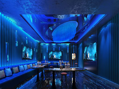 Elegant Modern KTV Private Room with Blue Lighting Sofa TV Tables and Wine Glasses 3d model