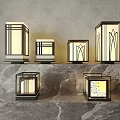 Various Modern Outdoor Lights With Unique Patterns And Metal Frames On Marble Surface 3d model