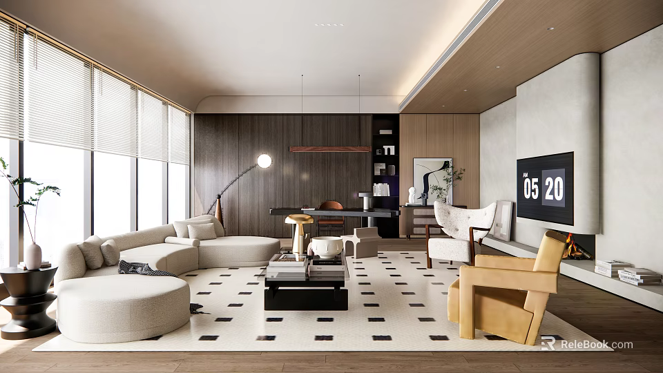 Modern Living Room Interior With Sofa Coffee Table Floor Lamp TV Geometric Rug And Wooden Armchair 3d model 