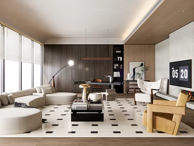 Modern Living Room Interior With Sofa Coffee Table Floor Lamp TV Geometric Rug And Wooden Armchair 3d model