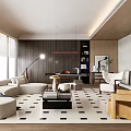 Modern Living Room Interior With Sofa Coffee Table Floor Lamp TV Geometric Rug And Wooden Armchair