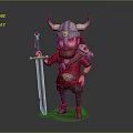 Cartoon Viking Warrior With Horned Helmet Red Beard And Small Creature Holding Sword