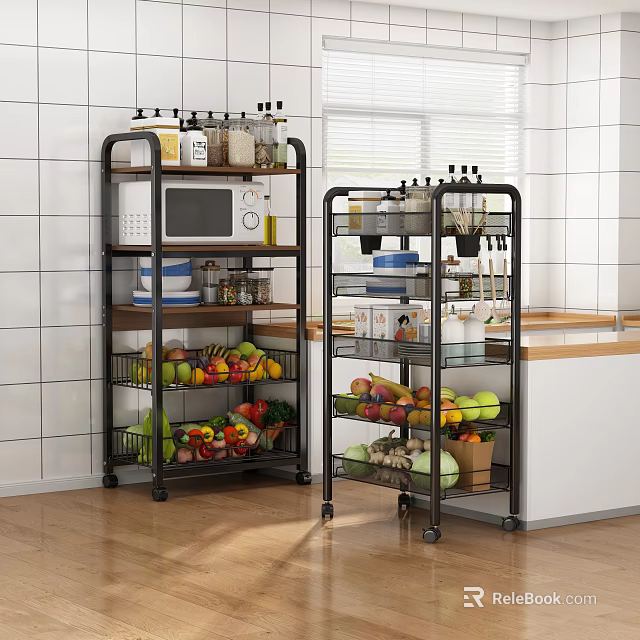 Multilayer Kitchen Storage Shelving With Rolling Wheels Holding Microwave Fruits And Vegetables 3d model 