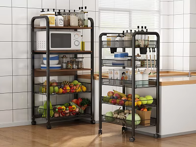 Multilayer Kitchen Storage Shelving With Rolling Wheels Holding Microwave Fruits And Vegetables 3d model