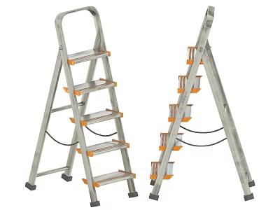 Sturdy Two Metal Ladders with Orange Edge Treads Non Slip Foot Pads and Foldable Design 3d model
