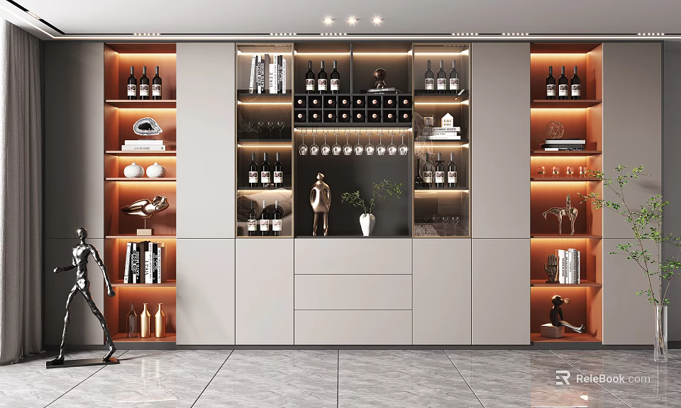 Modern Wine Cabinet Design With Shelves For Wine Bottles Glasses And Decorations 3d model 