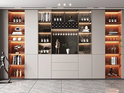 Modern Wine Cabinet Design With Shelves For Wine Bottles Glasses And Decorations 3d model
