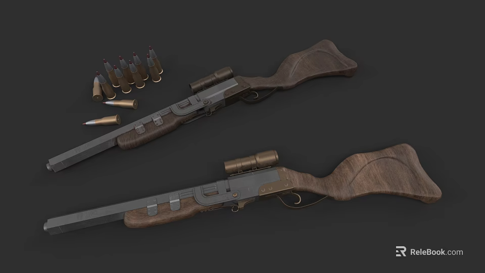 Classic Rifles With Wooden Stock Scope And Ammunition Bullets On Dark Surface 3d model 