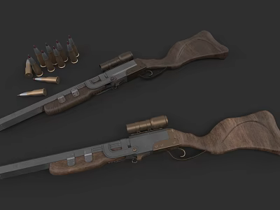 Classic Rifles With Wooden Stock Scope And Ammunition Bullets On Dark Surface 3d model