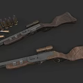 Classic Rifles With Wooden Stock Scope And Ammunition Bullets On Dark Surface