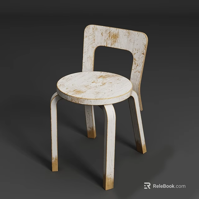 Distressed White Single Chair with Curved Back Round Seat and Curved Legs 3d model 