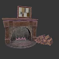 Classic Wooden Fireplace Interior With Decorative Painting And Firewood Stack