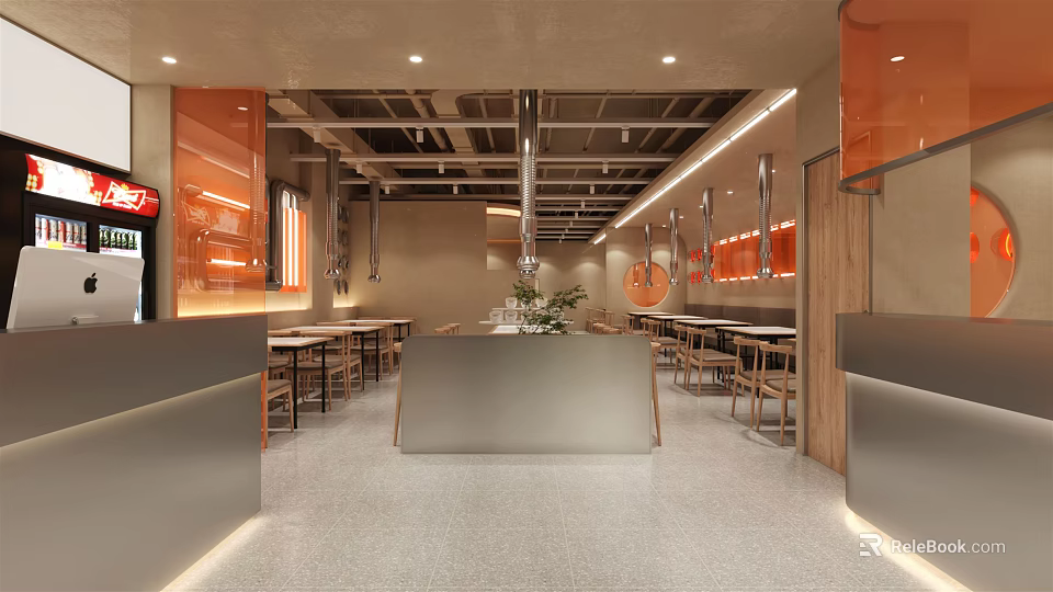 Modern Style Restaurant With Open Layout Orange Decor Long Tables And Bright Lighting 3d model