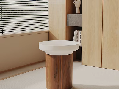 Modern Side Table With White Round Top And Wooden Cylindrical Base 3d model