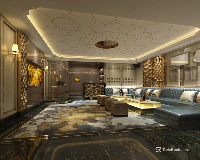 Luxurious KTV Room Interior With Comfortable Sofa Coffee Table And Decorative Lighting 3d model