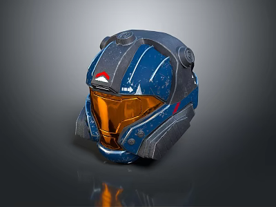 Futuristic Blue Helmet Featuring Orange Visor Gray Accents and Red Emblem Design 3d model