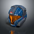 Futuristic Blue Helmet Featuring Orange Visor Gray Accents and Red Emblem Design
