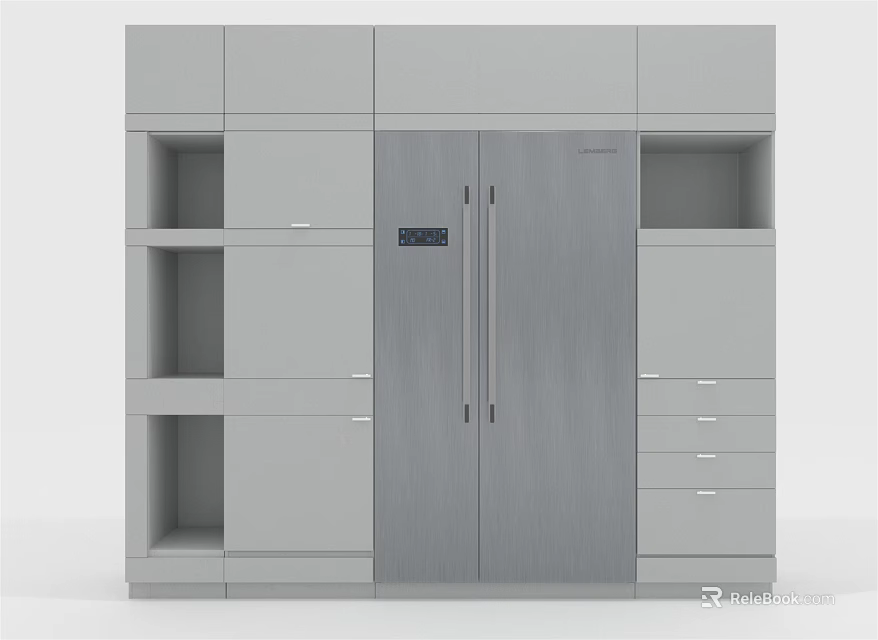 Built in Refrigerator Freezer In Modern Kitchen With Cabinets Drawers And Open Shelves 3d model 
