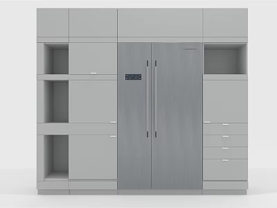 Built in Refrigerator Freezer In Modern Kitchen With Cabinets Drawers And Open Shelves 3d model