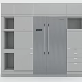 Built in Refrigerator Freezer In Modern Kitchen With Cabinets Drawers And Open Shelves