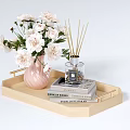 Decorative Ornament Set with Wooden Tray Pink Vase White Flowers Fragrance Diffuser and Books