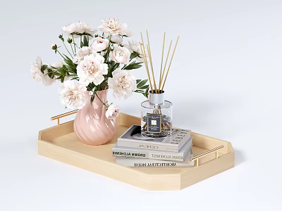 Decorative Ornament Set with Wooden Tray Pink Vase White Flowers Fragrance Diffuser and Books 3d model