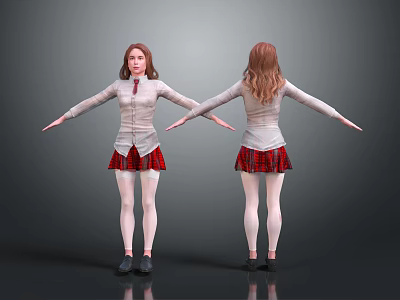 Two female characters standing back to back with white shirts red plaid skirts arms outstretched 3d model