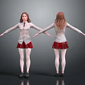Two female characters standing back to back with white shirts red plaid skirts arms outstretched