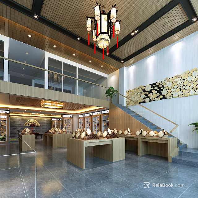 Elegant Specialty Store Interior Featuring Wooden Display Counters Chandeliers Staircase And Decorative Wall 3d model 