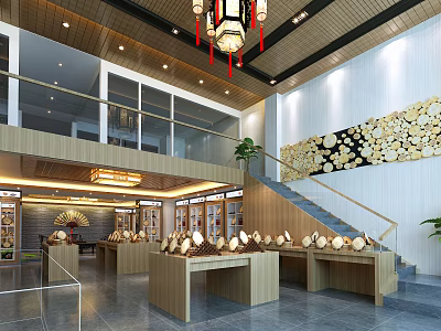 Elegant Specialty Store Interior Featuring Wooden Display Counters Chandeliers Staircase And Decorative Wall 3d model