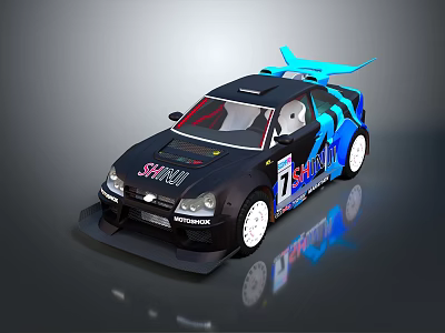 Black Racing Car With Blue Accents SAHARA Logo Number 7 And Rear Spoiler 3d model