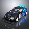 Black Racing Car With Blue Accents SAHARA Logo Number 7 And Rear Spoiler