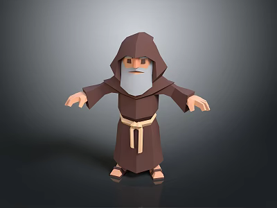Bearded Hooded Monk 3D Character In Low Poly Style With Brown Robe And Belt 3d model