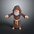 Bearded Hooded Monk 3D Character In Low Poly Style With Brown Robe And Belt