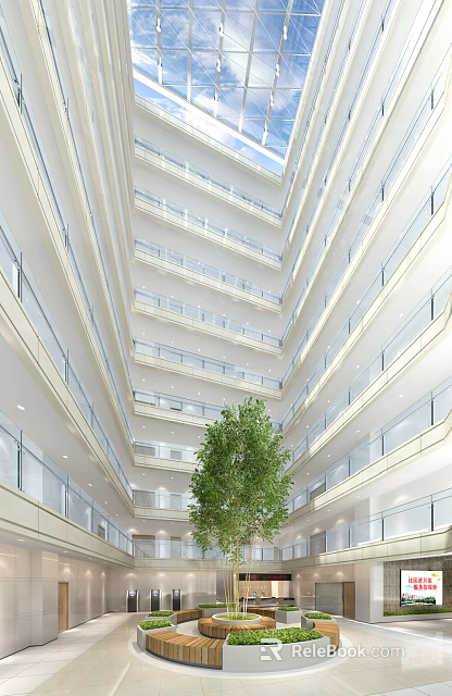Bright Multi Level Atrium Indoor Landscape With Large Green Tree And Balconies 3d model