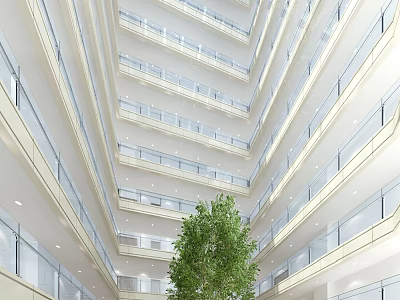 Bright Multi Level Atrium Indoor Landscape With Large Green Tree And Balconies 3d model