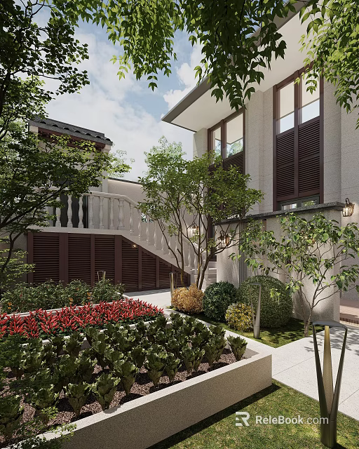 Modern Courtyard Garden Features Trees Shrubs Red Flowers And White Staircase Railings 3d model 
