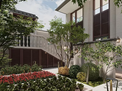 Modern Courtyard Garden Features Trees Shrubs Red Flowers And White Staircase Railings 3d model