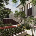 Modern Courtyard Garden Features Trees Shrubs Red Flowers And White Staircase Railings