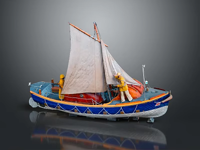 Vintage Wooden Boat With White Sail Blue Orange Hull Red Cargo And Yellow Details 3d model