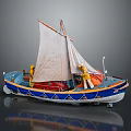 Vintage Wooden Boat With White Sail Blue Orange Hull Red Cargo And Yellow Details