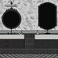 Stylish Bathroom Interior With Double Vanities Floral Wallpaper And Checkered Floor