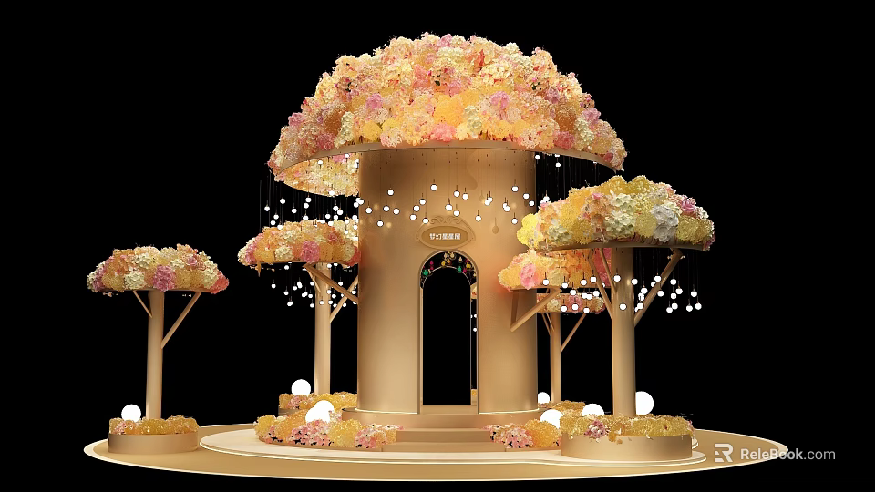 Elegant Floral Installation With Pastel Flower Trees Hanging Lights And Round Platform 3d model