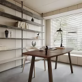 Modern Study Room Interior With Open Bookshelves Wooden Desk Table Lamp And Window Blinds