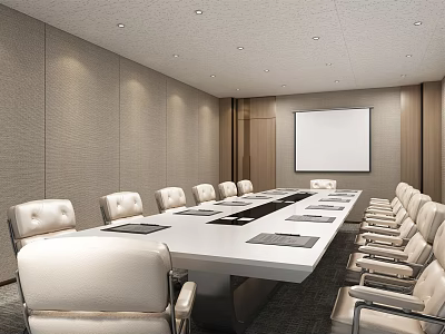 Modern Conference Room Interior With Long Table Leather Chairs And Projection Screen 3d model