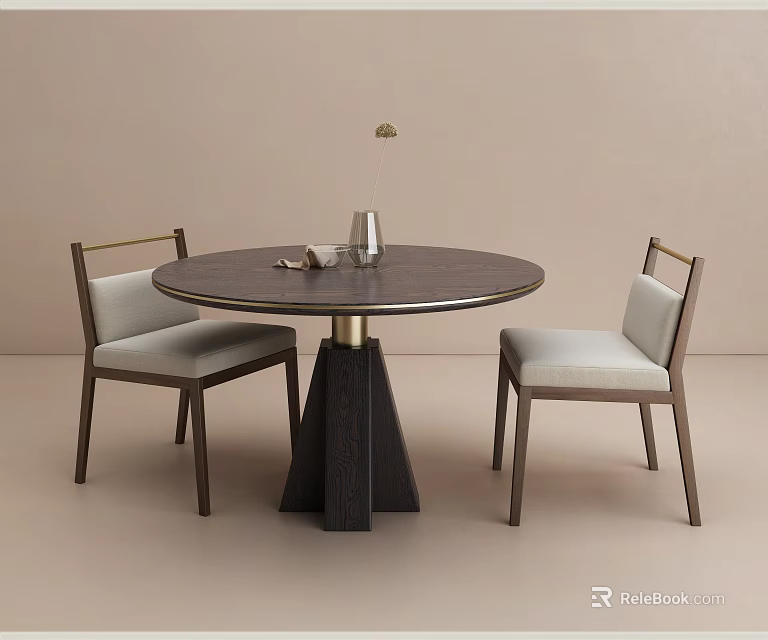 Modern Round Wooden Dining Table Set With Gold Base And Upholstered Chairs 3d model 