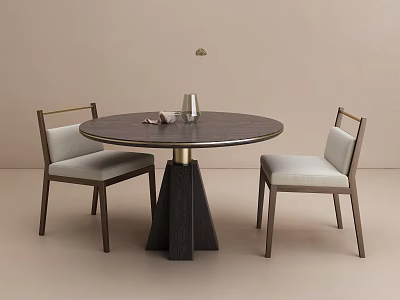Modern Round Wooden Dining Table Set With Gold Base And Upholstered Chairs 3d model