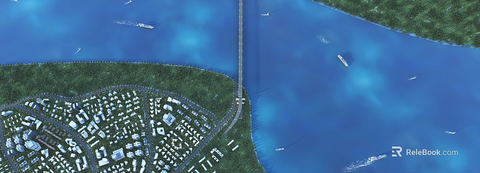 Aerial Planning of Coastal Area With Bridge Residential Community and Green Spaces 3d model 
