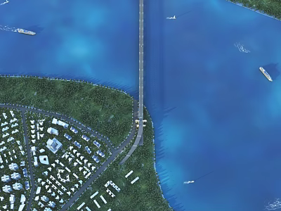 Aerial Planning of Coastal Area With Bridge Residential Community and Green Spaces 3d model