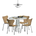 Modern Dining Table Set With Marble Top Textured Column Base And Wooden Chairs 3d model